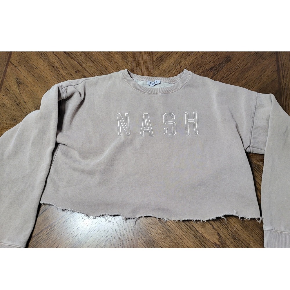 NASH Cropped Sweatshirt Taupe Beige Embroidered Raw Hem Pullover L/XL